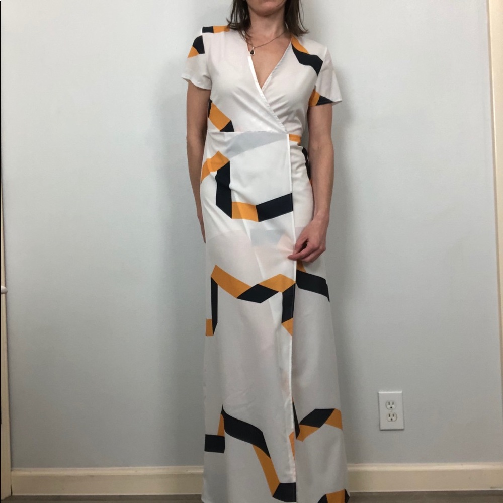 Faux Wrap Short Sleeve Maxi Dress Geometric Print